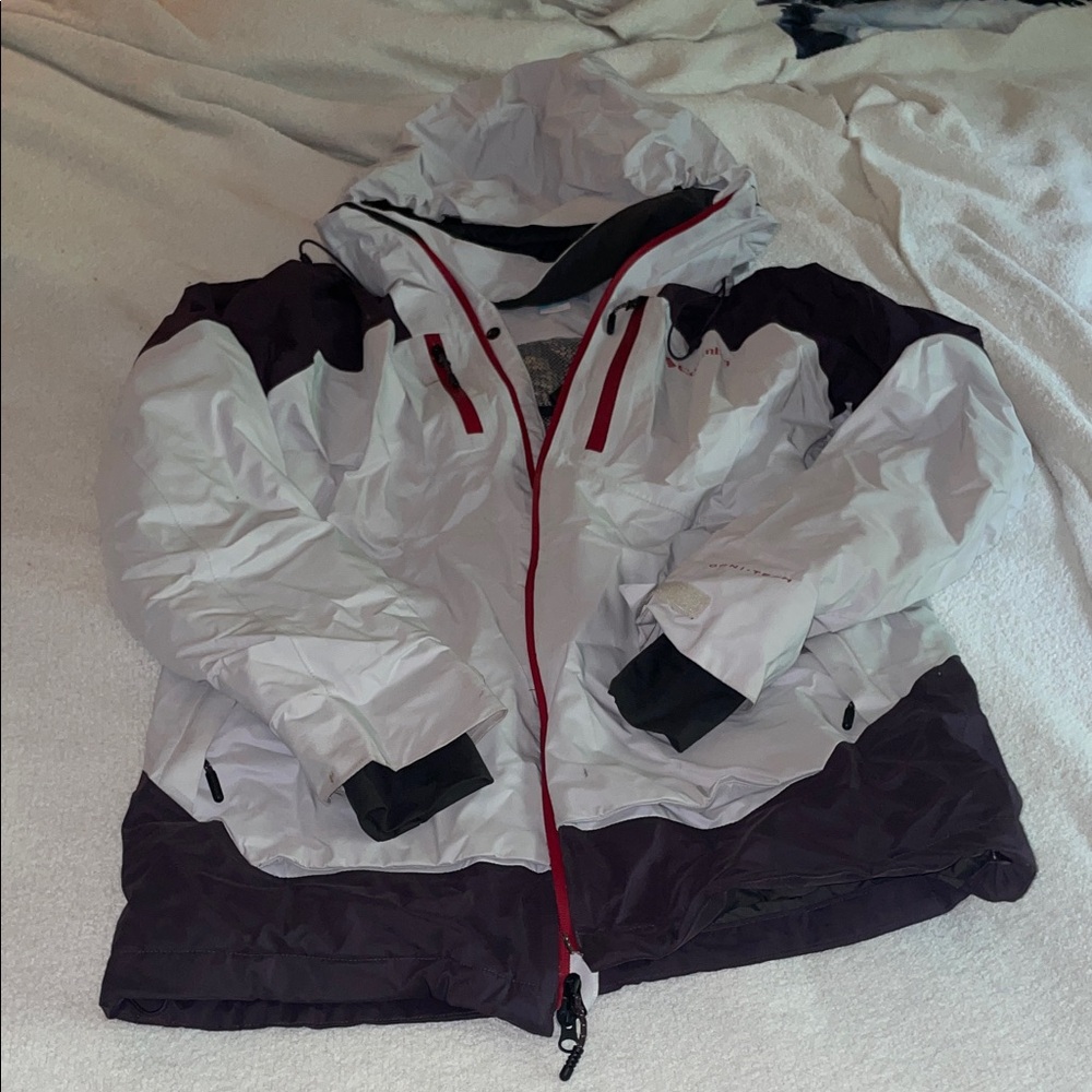 Columbia OMNI-TECH Gray and Black Hooded Jacket with Red Trim